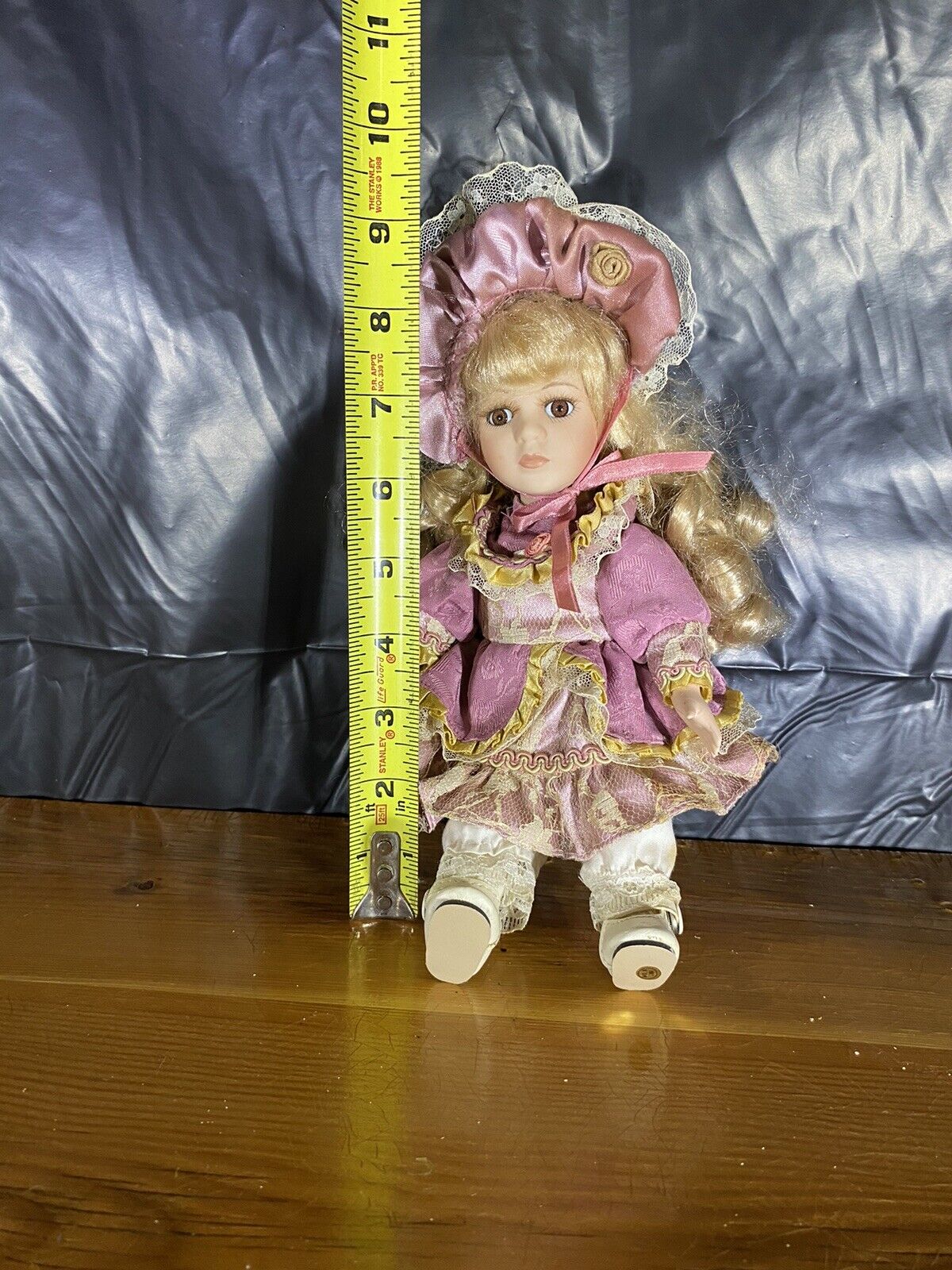Porcelain Doll 1800s Attire Pink Bonnet