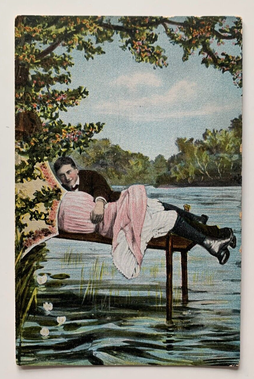 Vintage ca 1900s (4) Romance Comic Postcards Man Lady Woman Couple on Dock