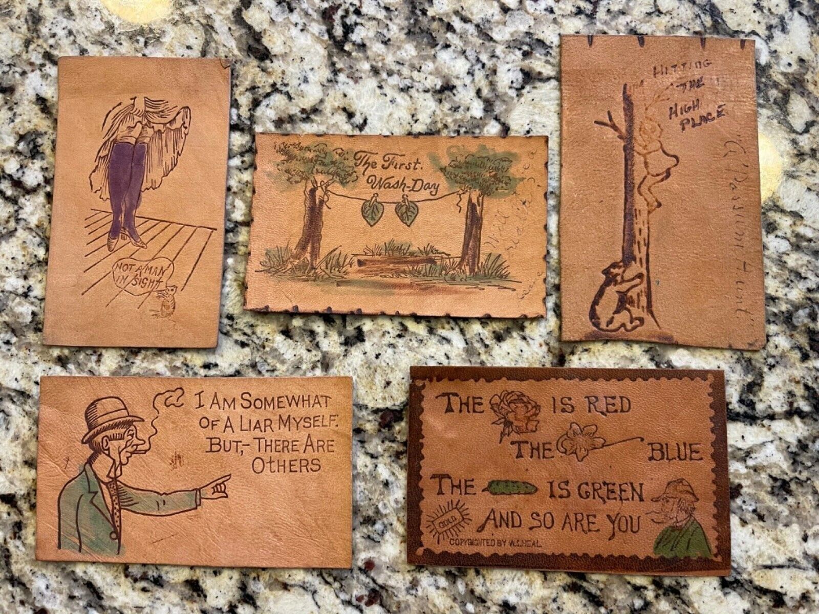 EARLY 1900s LEATHER POSTCARD GROUP - COMIC EXAMPLES AND MORE