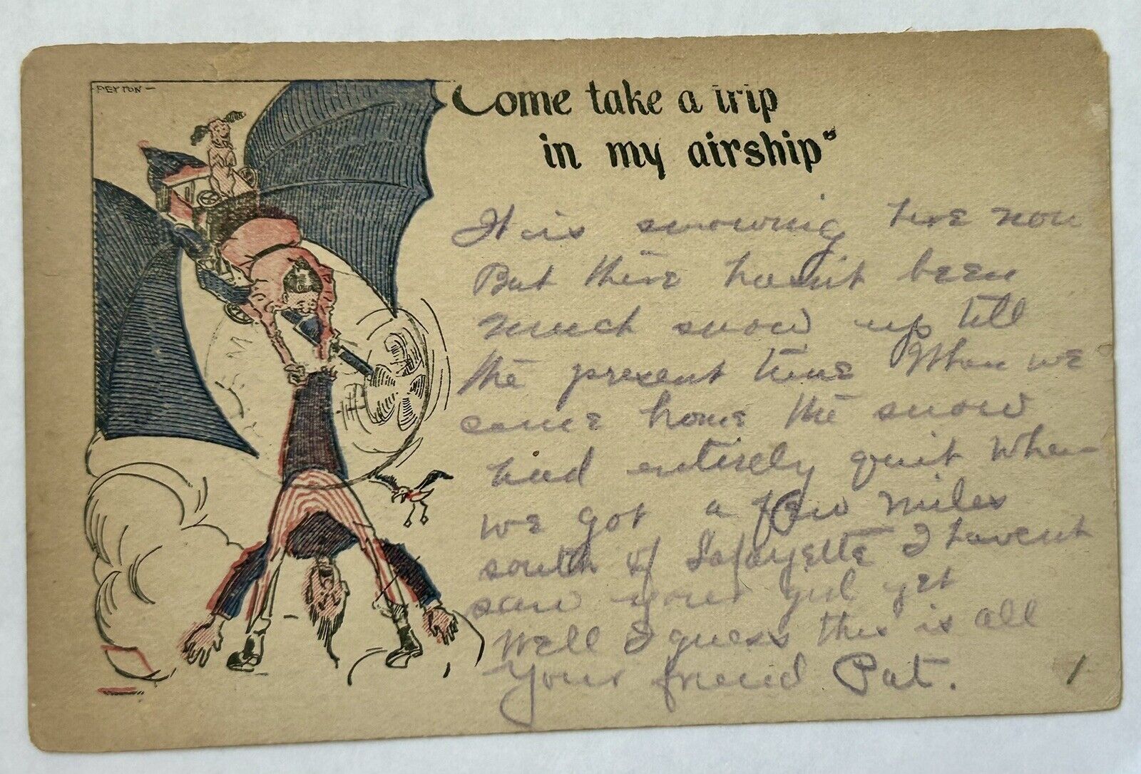 Come Take A Trip In My Airship. Funny Postcard. Early 1900s. Flying comic.