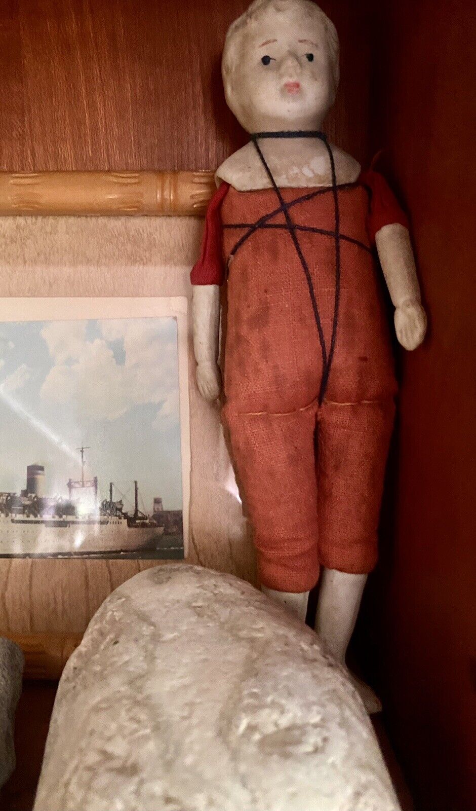 Late 1800's German Boy Doll 7.5 Inch Porcelain Head & Legs Composition Body