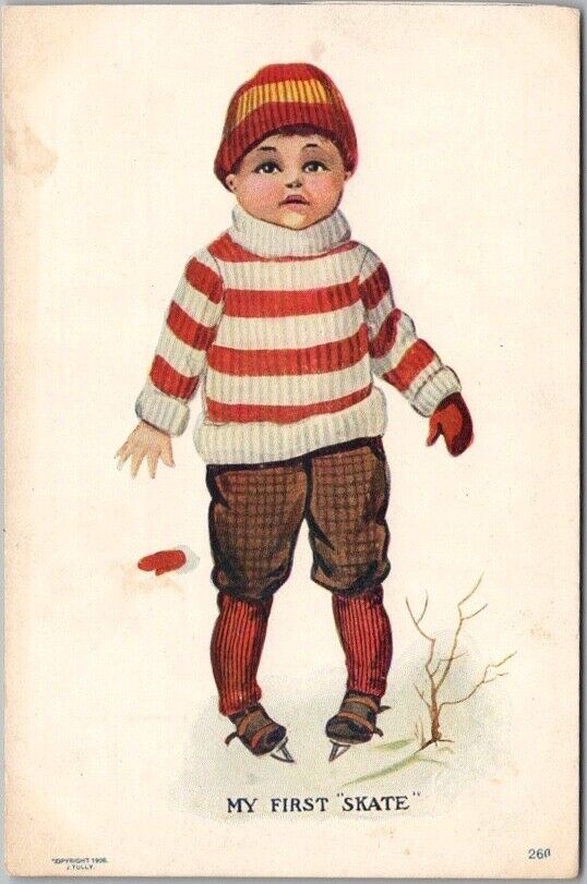 c1900s Sports Comic Postcard "MY FIRST SKATE" Little Boy Ice Skating / UNUSED