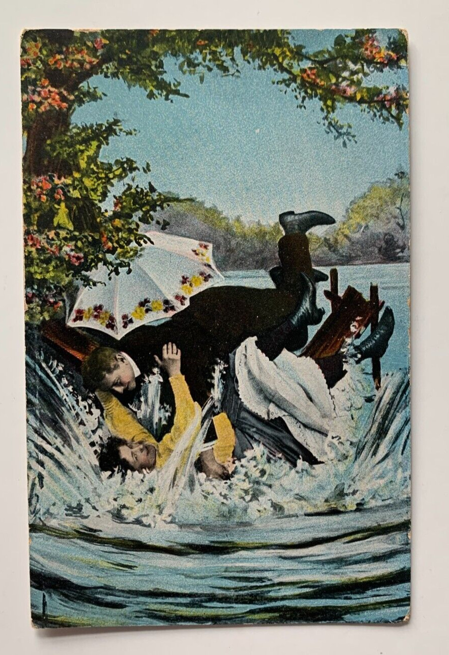 Vintage ca 1900s (4) Romance Comic Postcards Man Lady Woman Couple on Dock