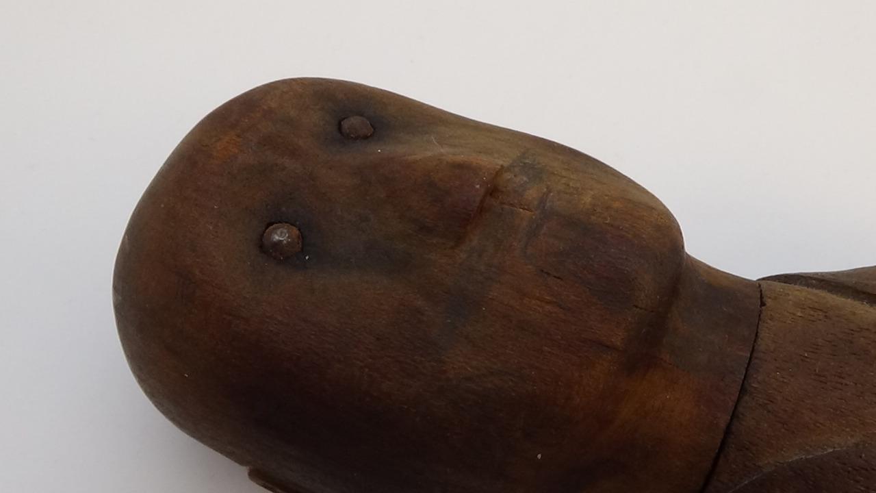 Primitive Carved Wood Effigy Man Doll 1800s Figure Metal Eyes Rare Folk Art L@@K