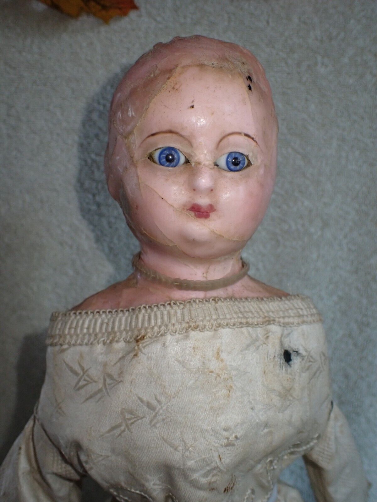 Antique 1800's Wax Over Paper Mache Doll Glass Eyes 17" Original Dress?