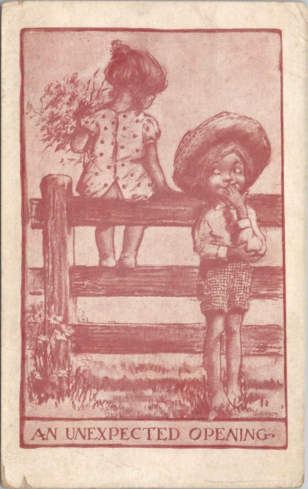 1900s Boy Girl Sitting On Fence Unexpected Opening Comic Humor Funny Postcard