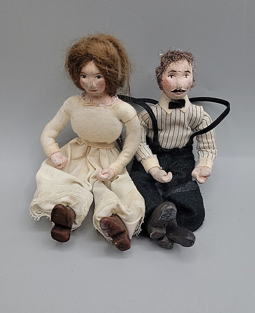Antique French Late 1800s Paper Mache Folk Art Dolls Real Hair Handmade 6" Pair