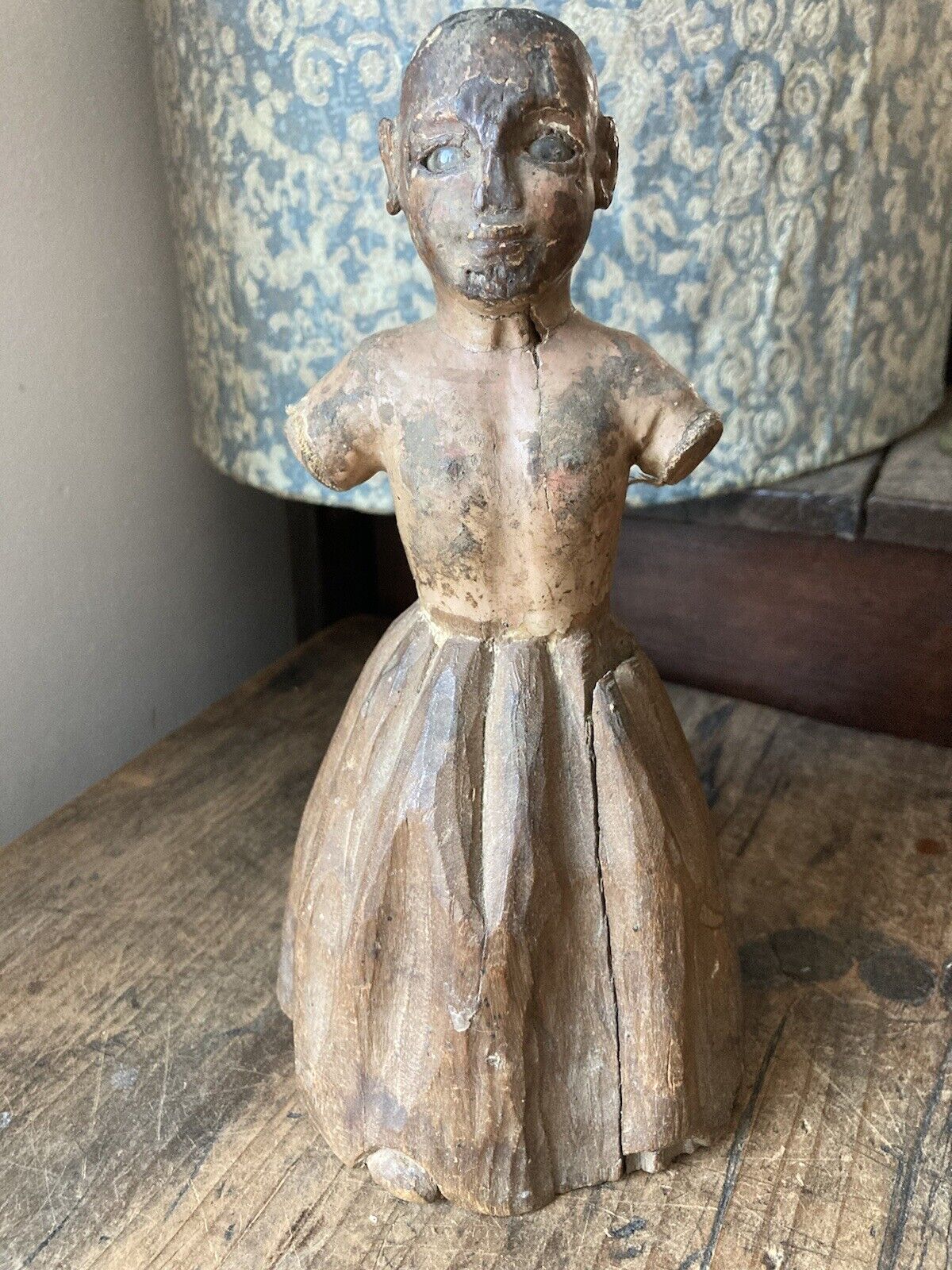 RARE Antique 18th C 1700s Carved Wooden polychrome Santos Cage Doll w Glass Eyes