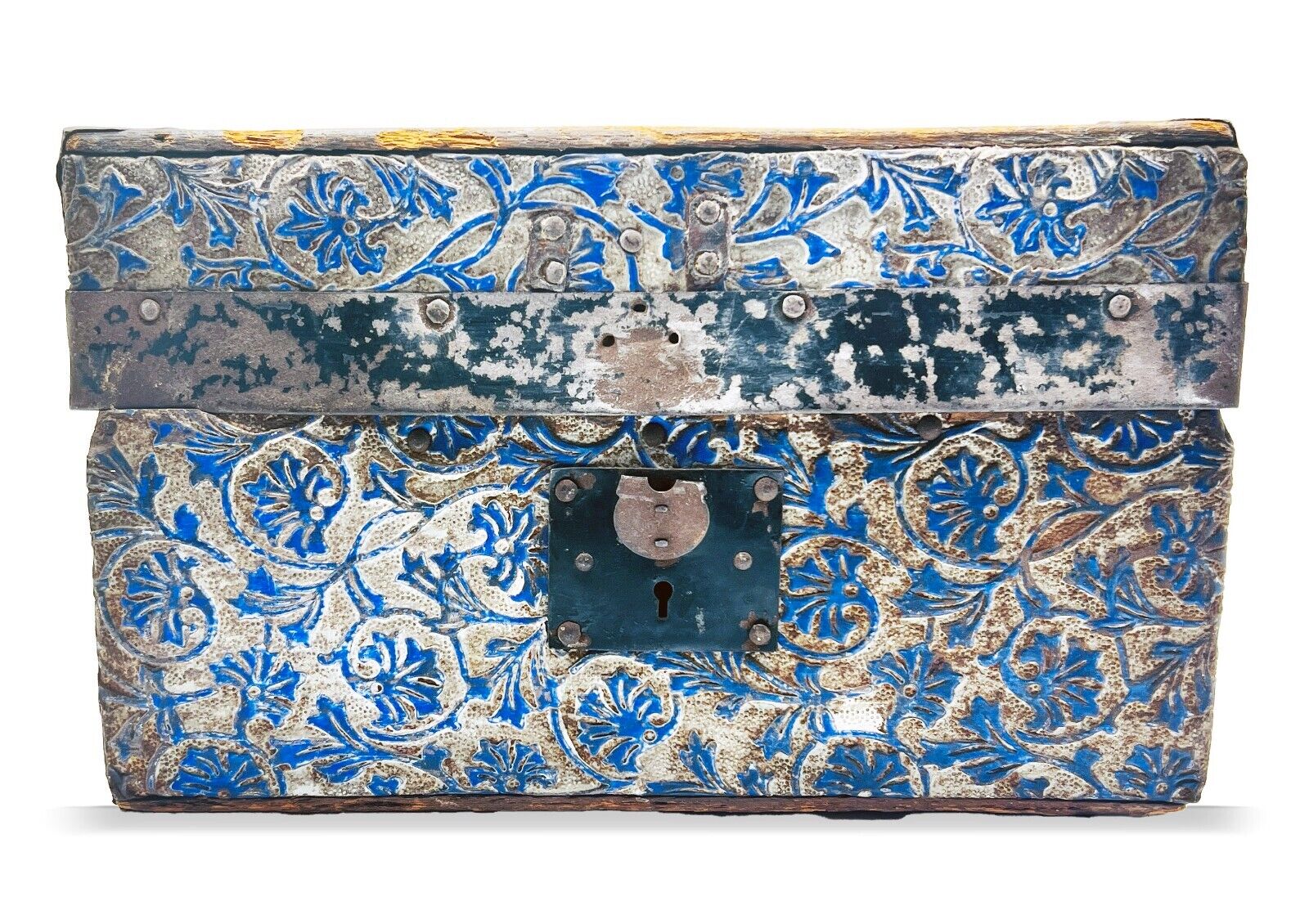 Late 1800's 12" Victorian Embossed Metal Pattern Child's Doll Trunk With Insert