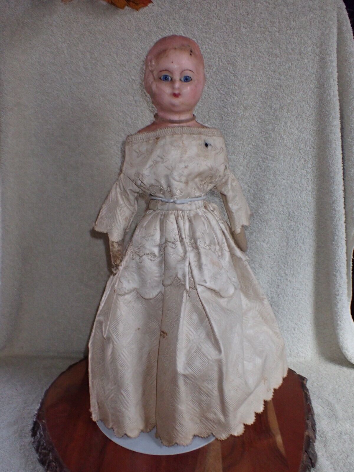 Antique 1800's Wax Over Paper Mache Doll Glass Eyes 17" Original Dress?