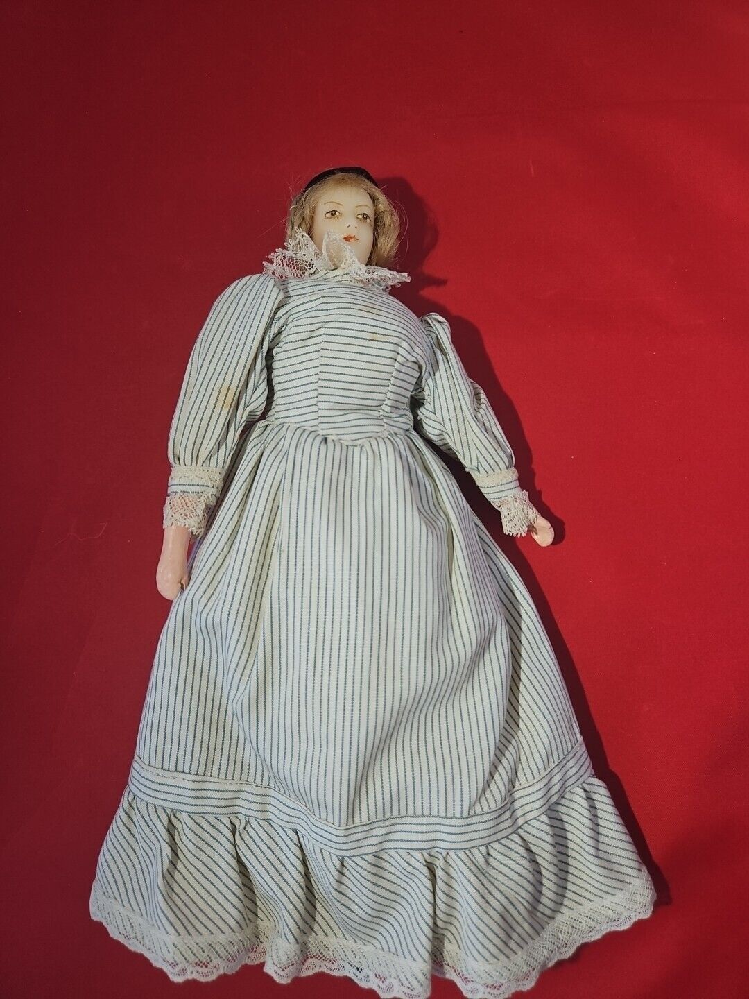11”Antique Wax Over Papier Mache Doll  With 1800's Style Dress Blonde Hair 