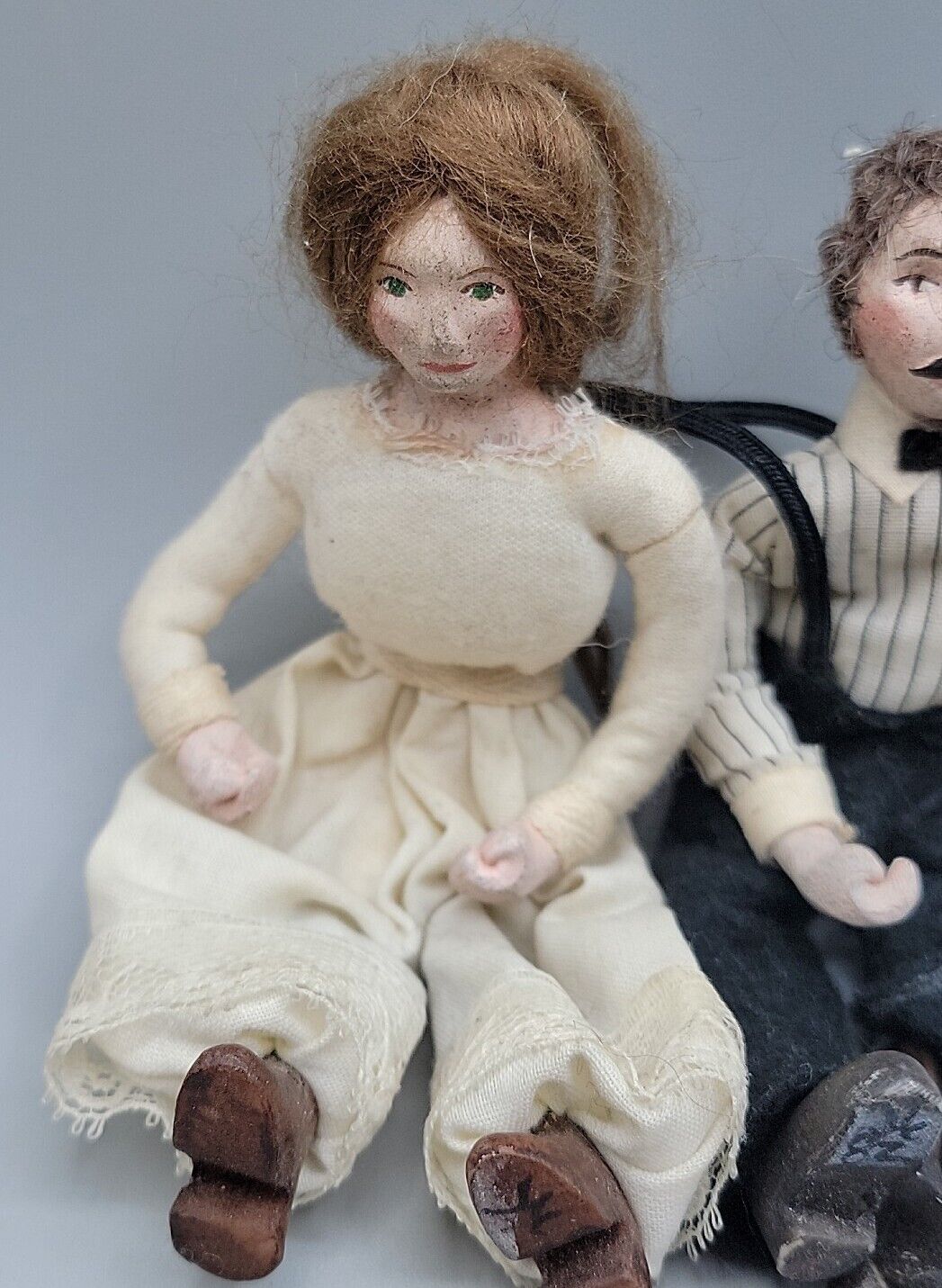 Antique French Late 1800s Paper Mache  Folk Art Dolls Real Hair Handmade 6" Pair