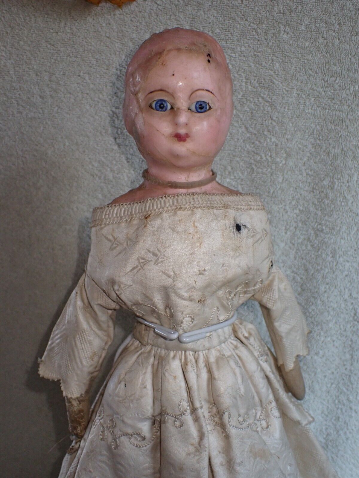Antique 1800's Wax Over Paper Mache Doll Glass Eyes 17" Original Dress?