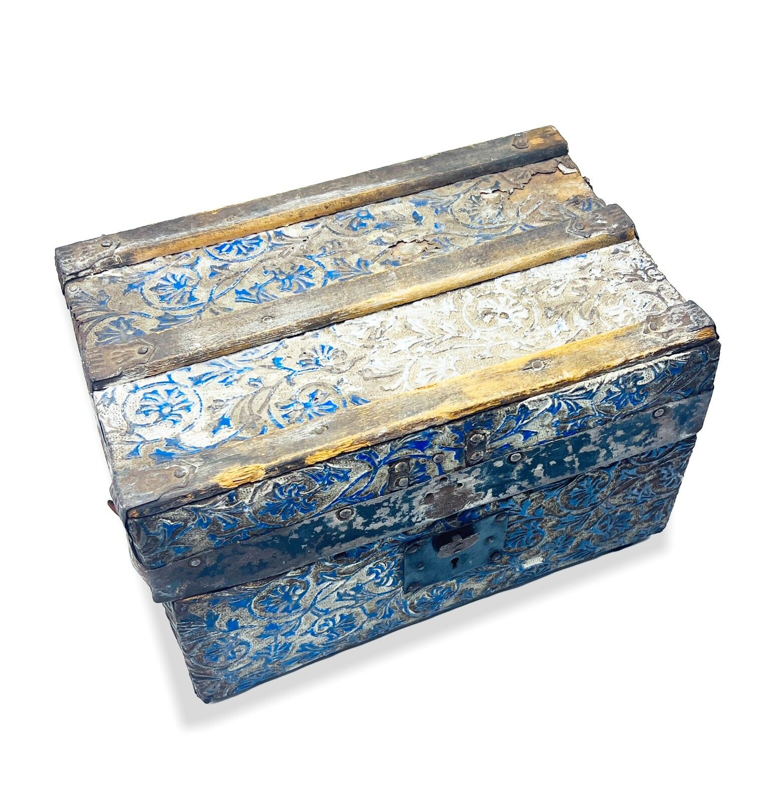 Late 1800's 12" Victorian Embossed Metal Pattern Child's Doll Trunk With Insert