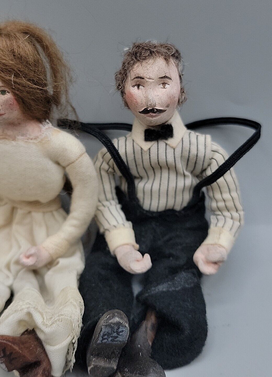 Antique French Late 1800s Paper Mache  Folk Art Dolls Real Hair Handmade 6" Pair