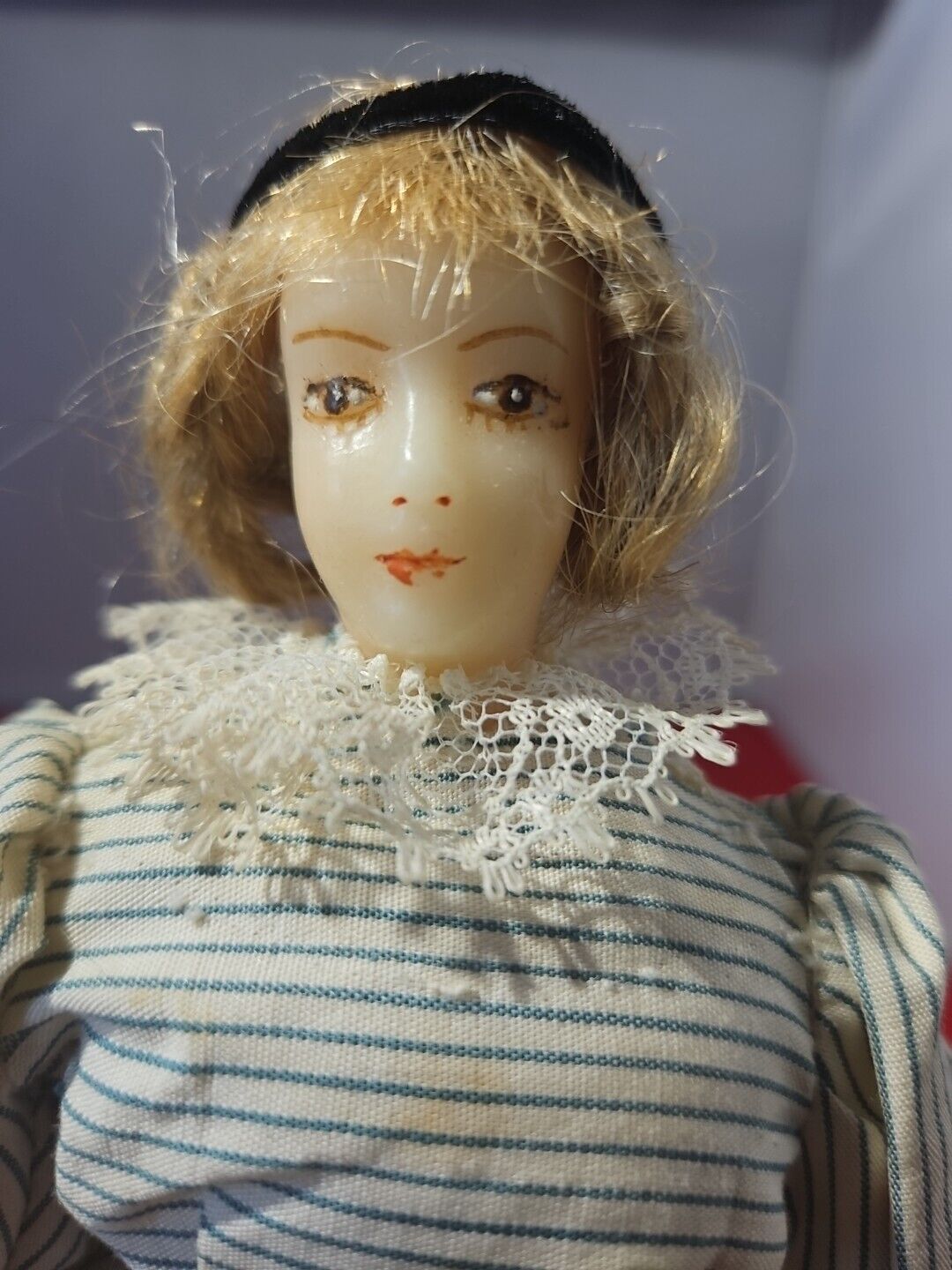 11”Antique Wax Over Papier Mache Doll  With 1800's Style Dress Blonde Hair 