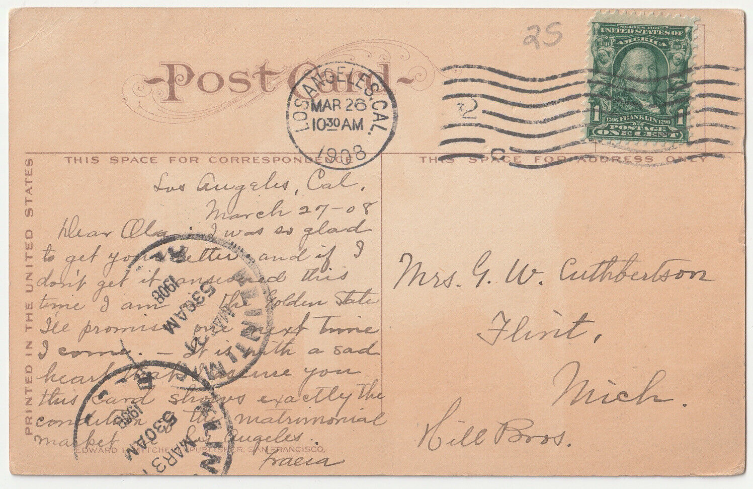 c1900s 1908 Four Queens & a Jack Poker Humor LA CA Antique Postcard