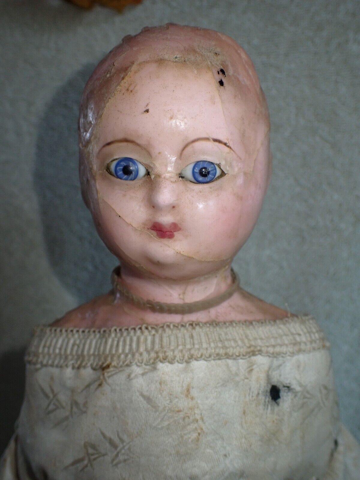 Antique 1800's Wax Over Paper Mache Doll Glass Eyes 17" Original Dress?