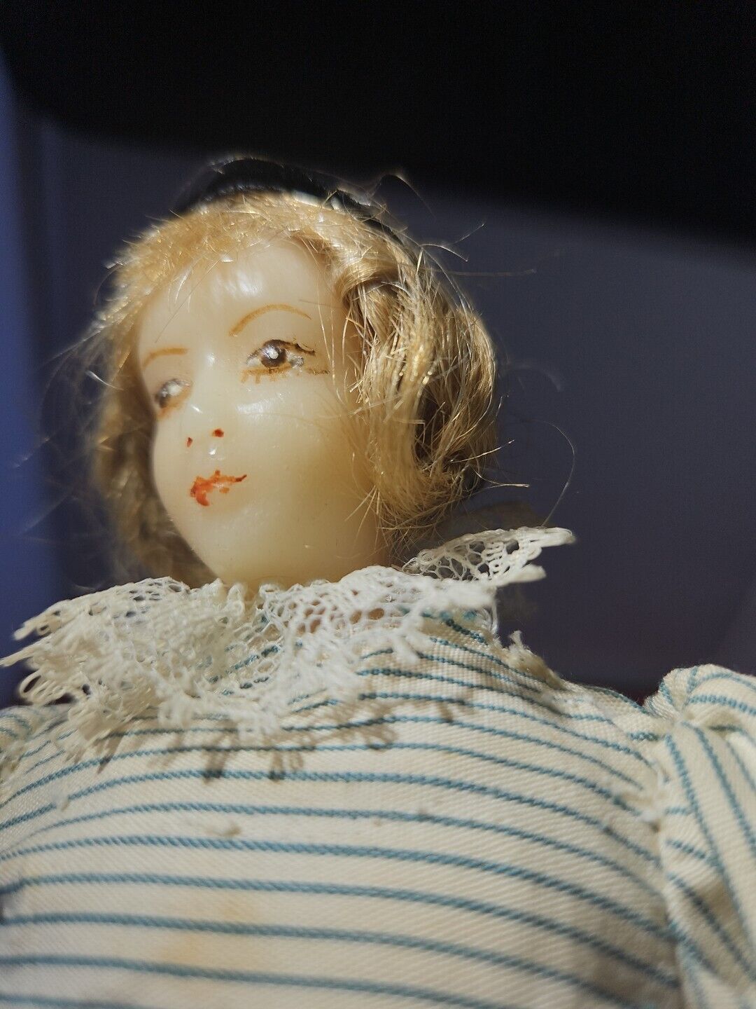 11”Antique Wax Over Papier Mache Doll  With 1800's Style Dress Blonde Hair 