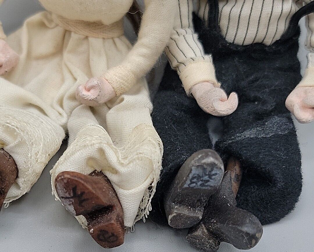 Antique French Late 1800s Paper Mache  Folk Art Dolls Real Hair Handmade 6" Pair