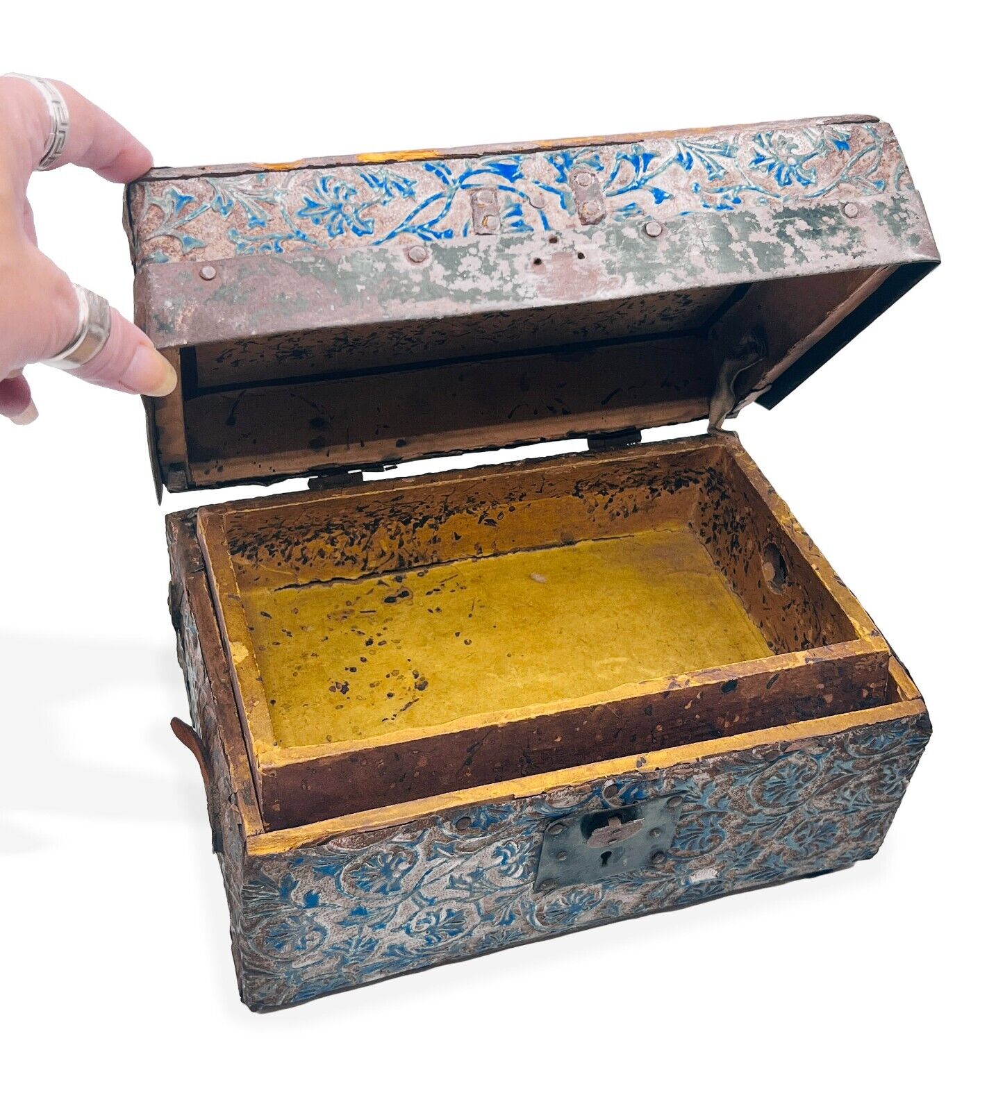 Late 1800's 12" Victorian Embossed Metal Pattern Child's Doll Trunk With Insert