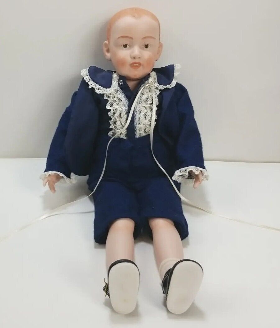 Vintage PORCELAIN DOLL (marked- GERMANY 7) RED HEADED BOY 16" tall w/ clothes