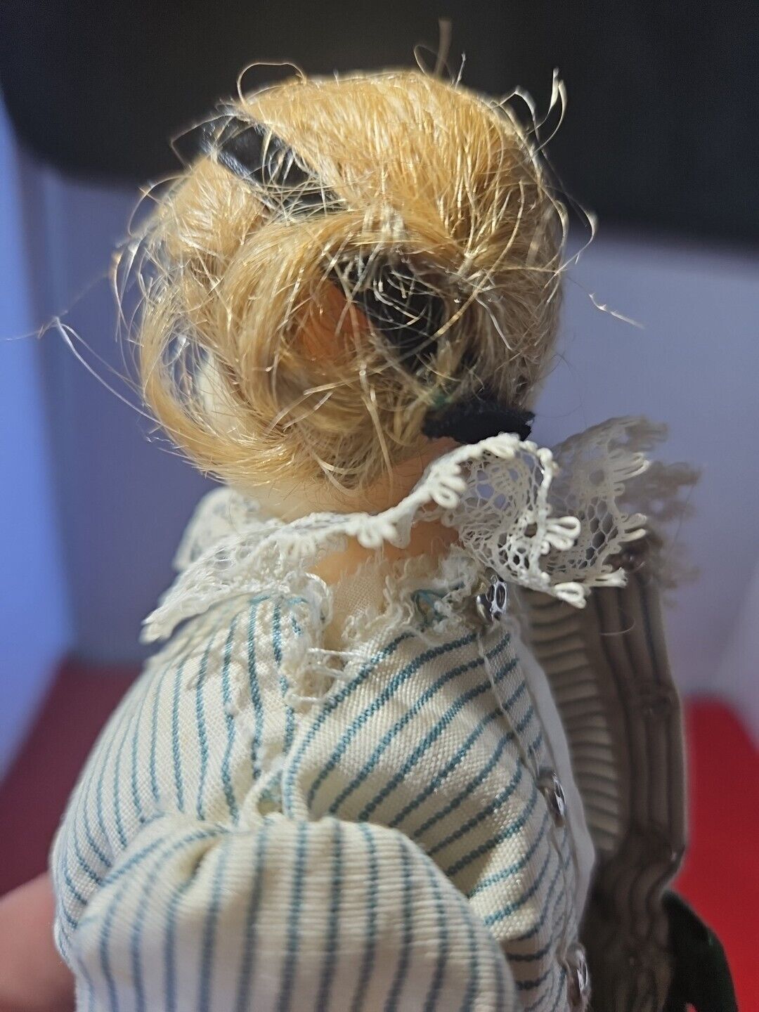 11”Antique Wax Over Papier Mache Doll  With 1800's Style Dress Blonde Hair 