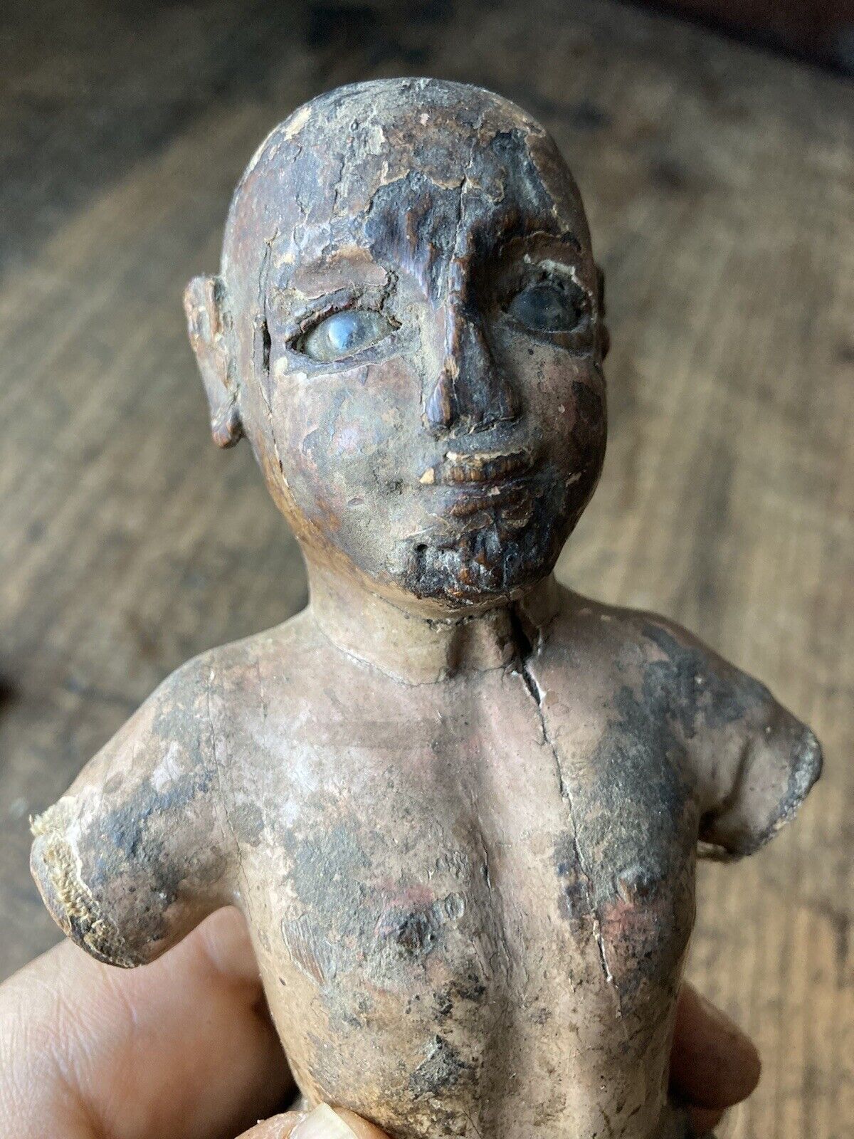 RARE Antique 18th C 1700s Carved Wooden polychrome Santos Cage Doll w Glass Eyes