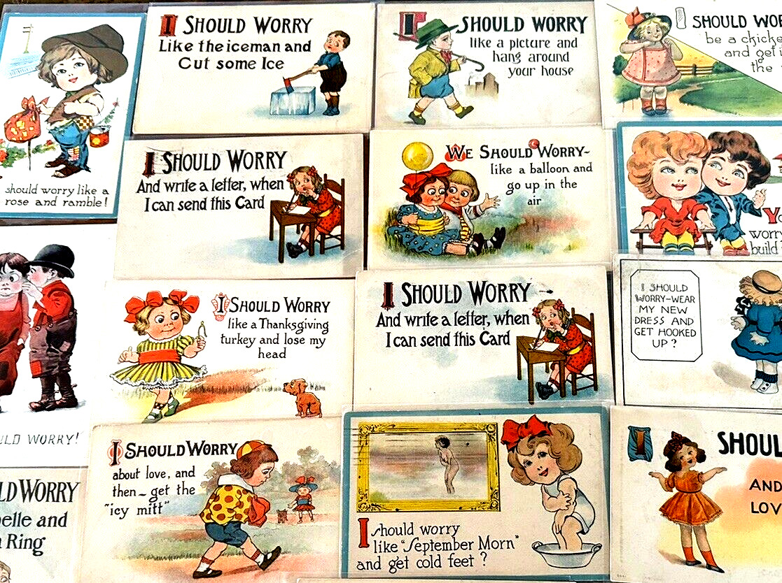 Lot of 16 "~ I SHOULD WORRY" ~COMIC Antique 1900s funny~HUMOR~POSTCARDS~k593