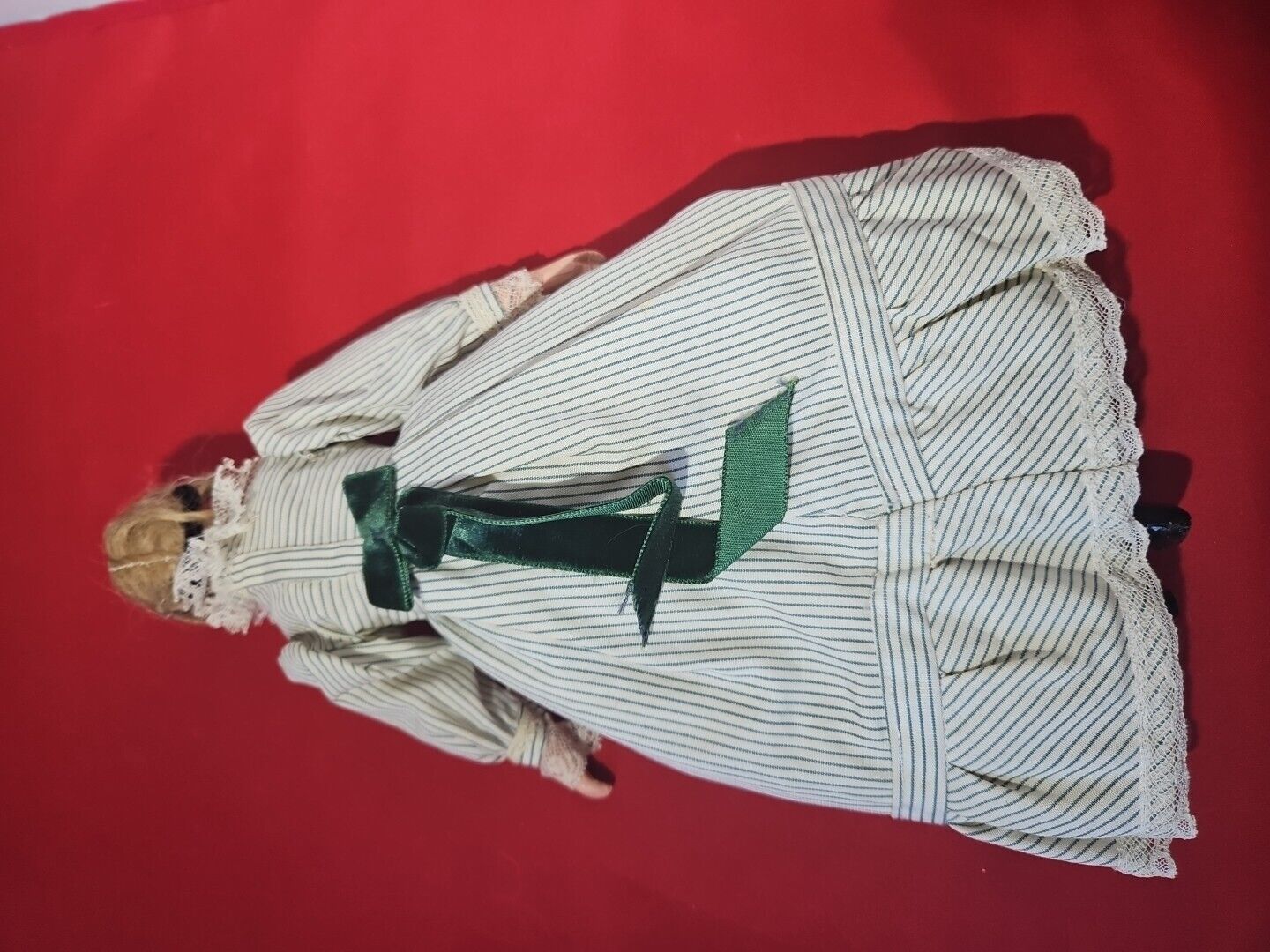 11”Antique Wax Over Papier Mache Doll  With 1800's Style Dress Blonde Hair 