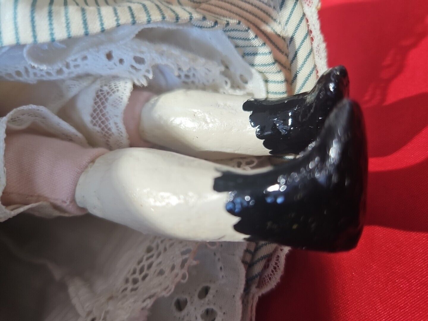 11”Antique Wax Over Papier Mache Doll  With 1800's Style Dress Blonde Hair 