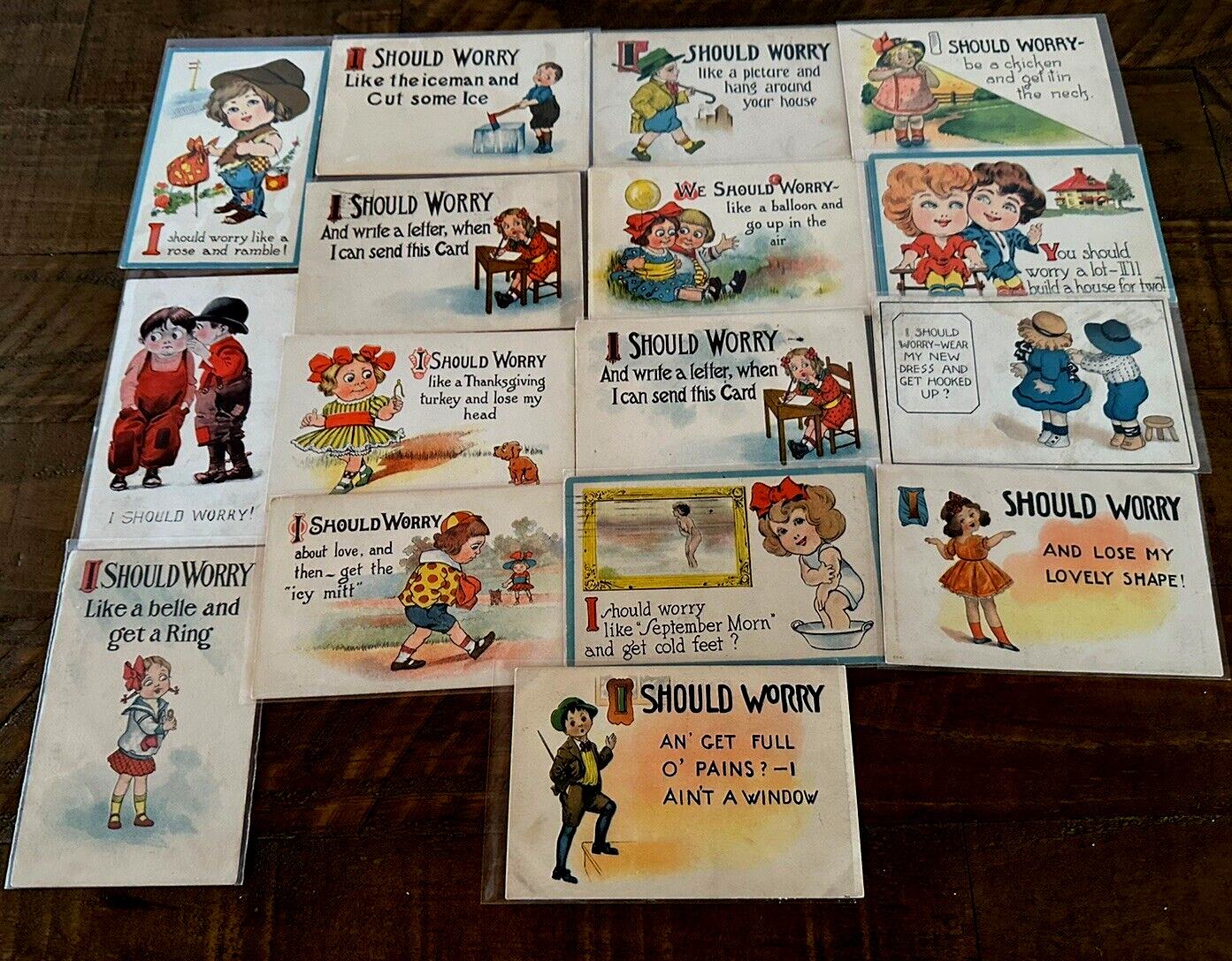 Lot of 16 "~ I SHOULD WORRY" ~COMIC  Antique 1900s funny~HUMOR~POSTCARDS~k593