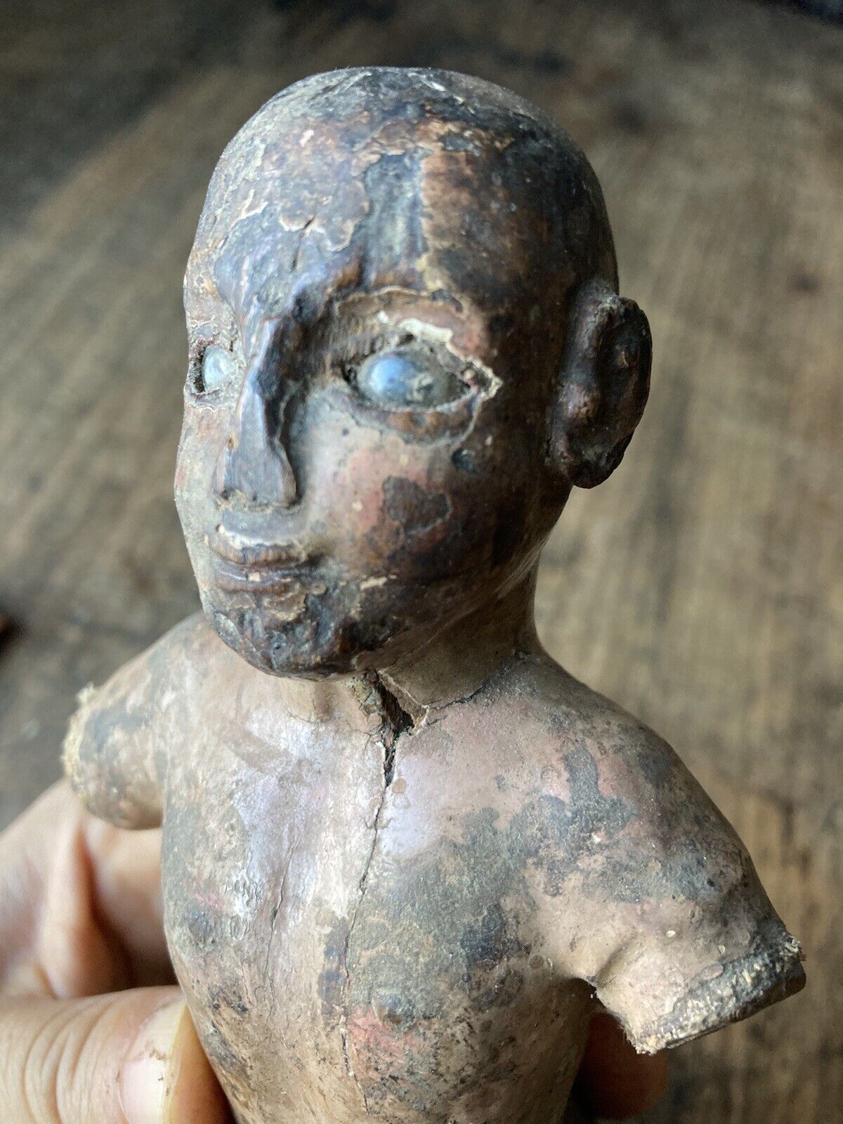 RARE Antique 18th C 1700s Carved Wooden polychrome Santos Cage Doll w Glass Eyes