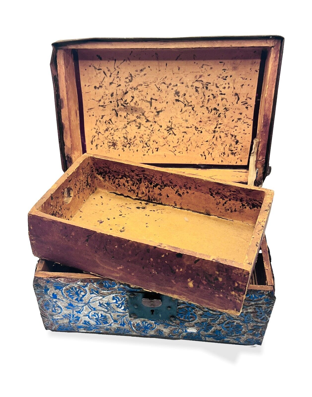 Late 1800's 12" Victorian Embossed Metal Pattern Child's Doll Trunk With Insert