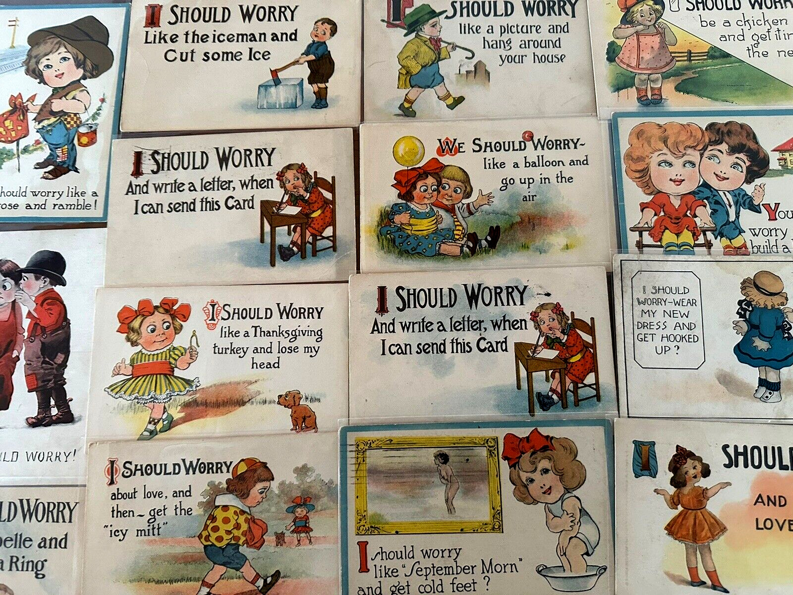 Lot of 16 "~ I SHOULD WORRY" ~COMIC  Antique 1900s funny~HUMOR~POSTCARDS~k593