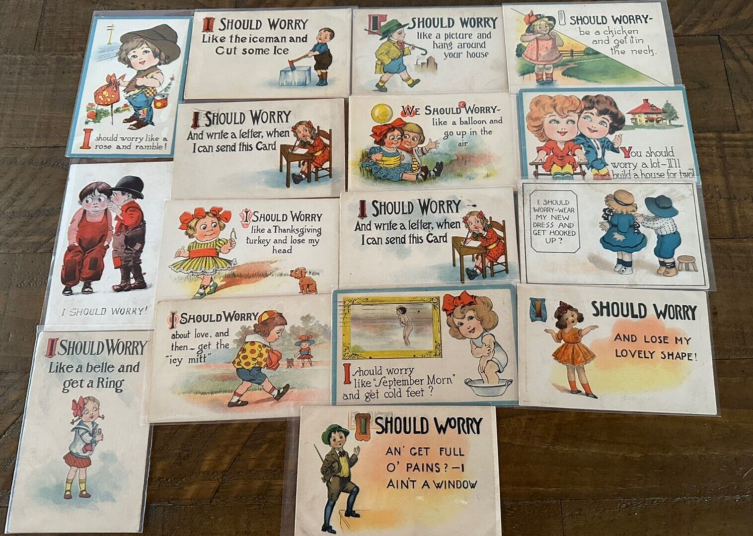 Lot of 16 "~ I SHOULD WORRY" ~COMIC  Antique 1900s funny~HUMOR~POSTCARDS~k593