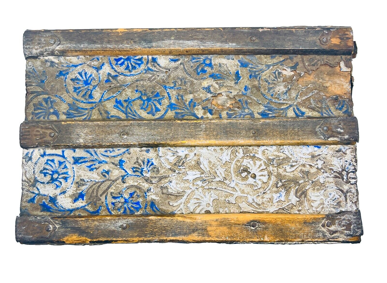 Late 1800's 12" Victorian Embossed Metal Pattern Child's Doll Trunk With Insert