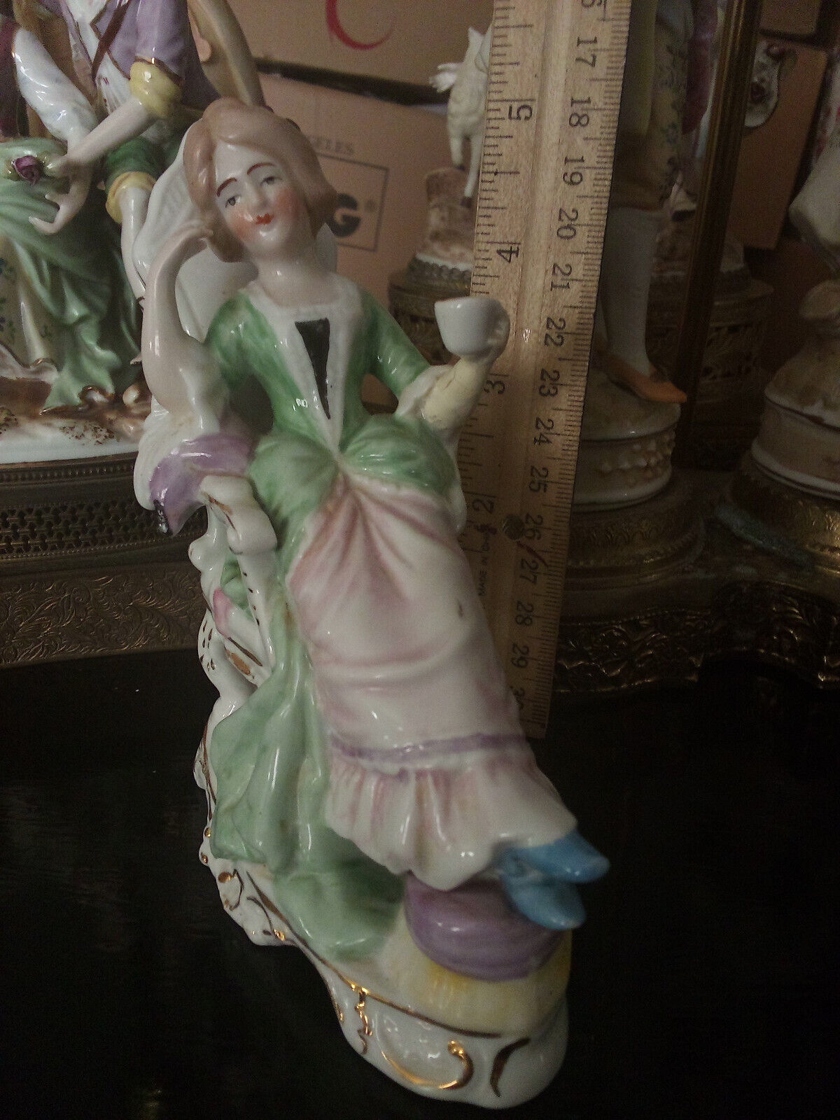 antique Porcelain figurine German miniature lady tea chair doll house mother