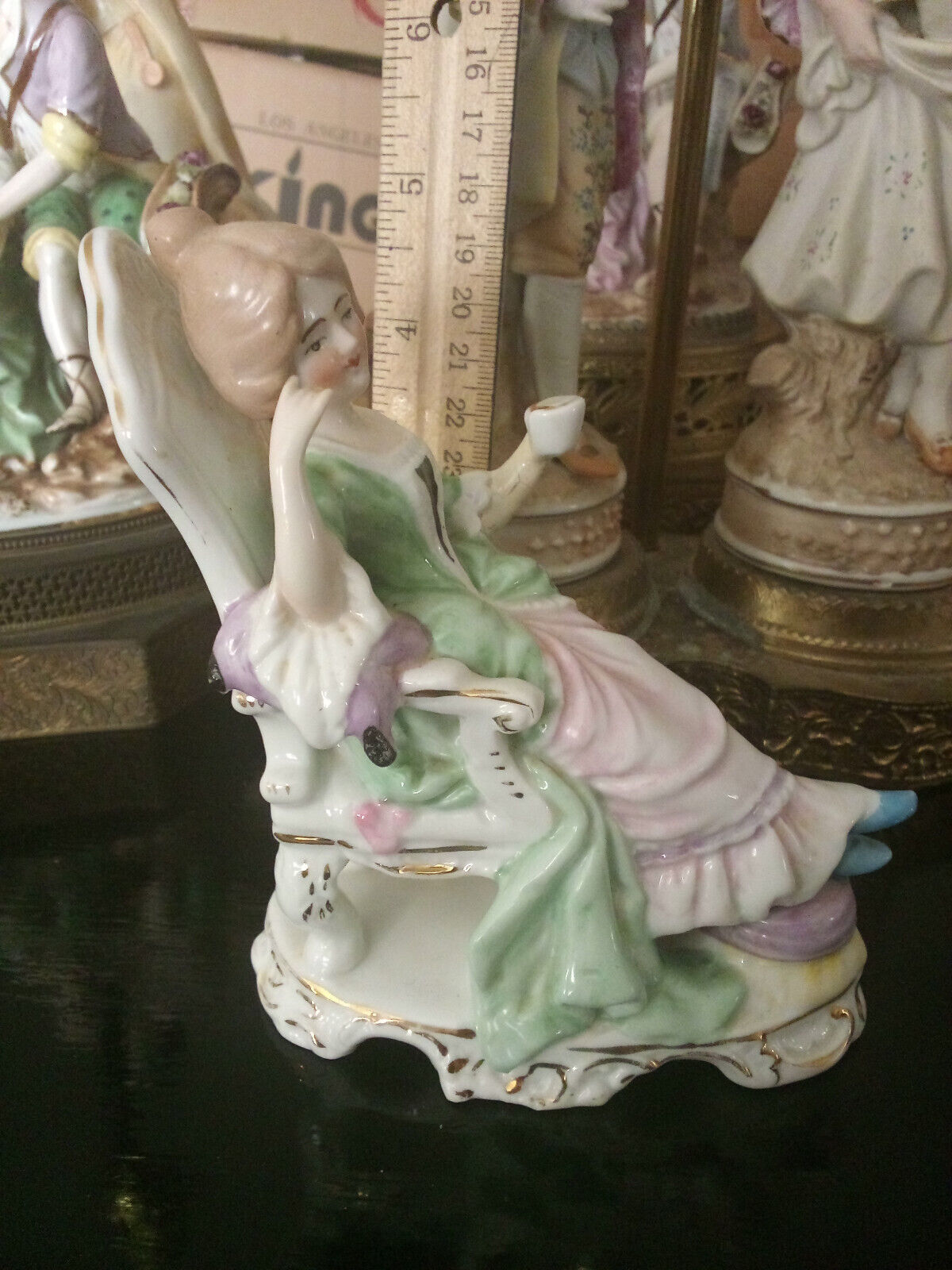 antique Porcelain figurine German miniature lady tea chair doll house mother