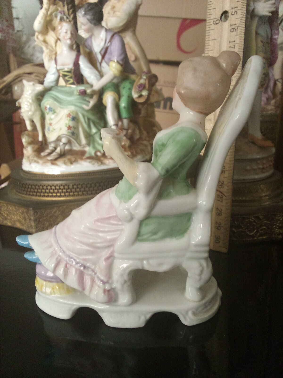 antique Porcelain figurine German miniature lady tea chair doll house mother