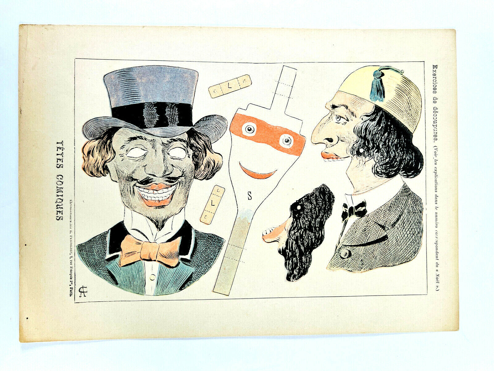 RARE uncut 1900's French Paper Game 'Tets Comiques' Head Comics Puppet