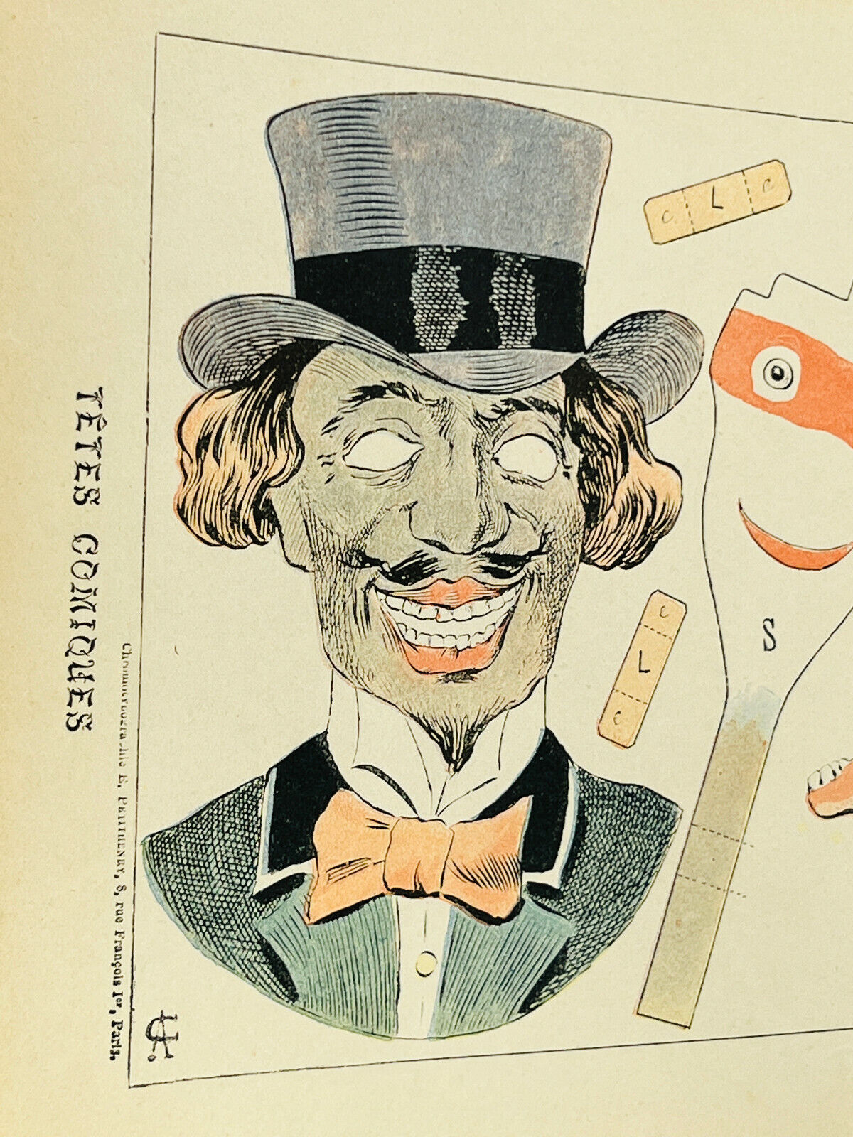 RARE uncut 1900's French Paper Game 'Tets Comiques' Head Comics Puppet