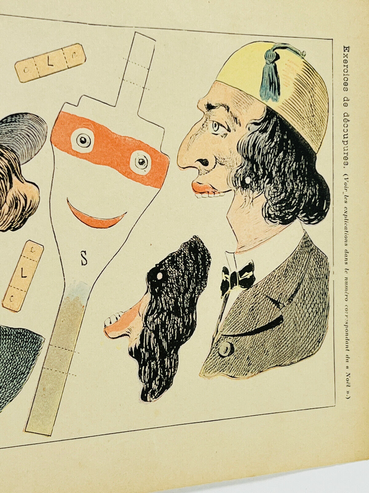 RARE uncut 1900's French Paper Game 'Tets Comiques' Head Comics Puppet