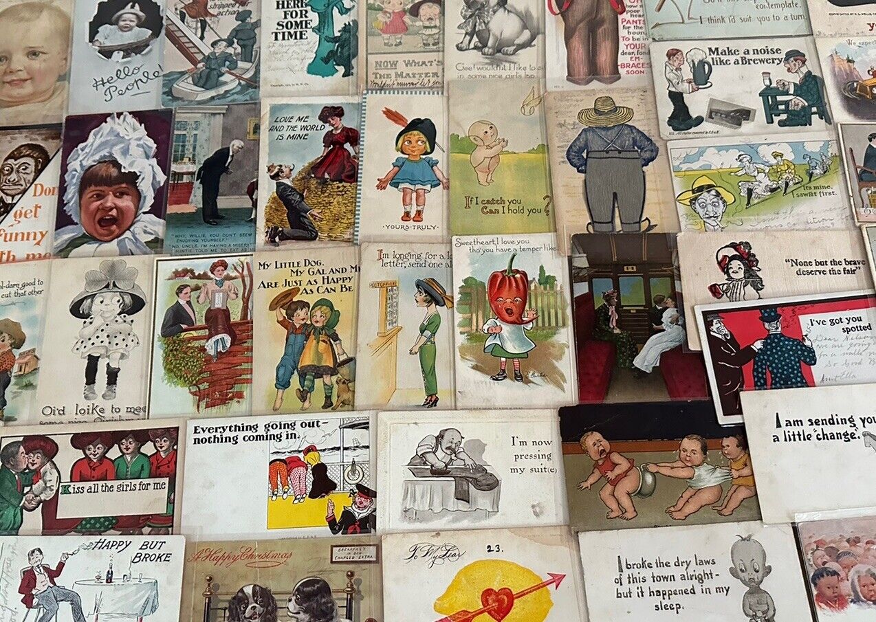 Big~LOT OF 65 Old~COMIC  funny~HUMOR Vintage 1900s~POSTCARDS-All In Sleeves-h282