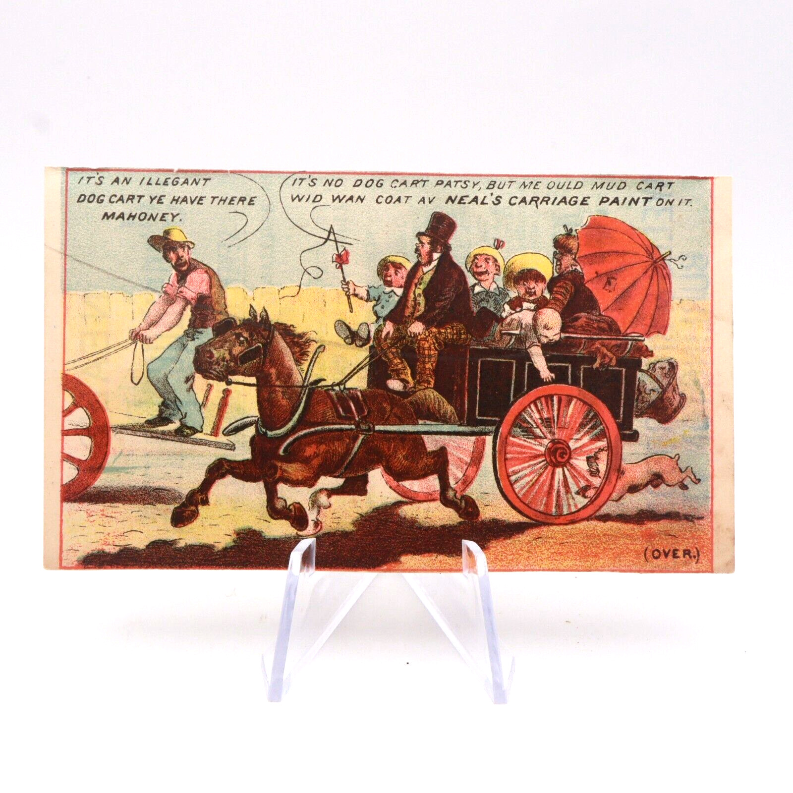 IRISH FAMILY 1800S NEAL CARRIAGE PAINT DOG CART VICTORIAN COMIC TRADE CARD b3