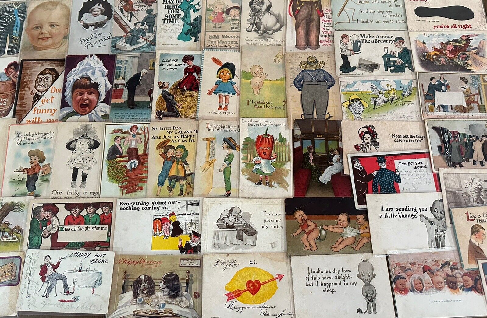 Big~LOT OF 65 Old~COMIC  funny~HUMOR Vintage 1900s~POSTCARDS-All In Sleeves-h282