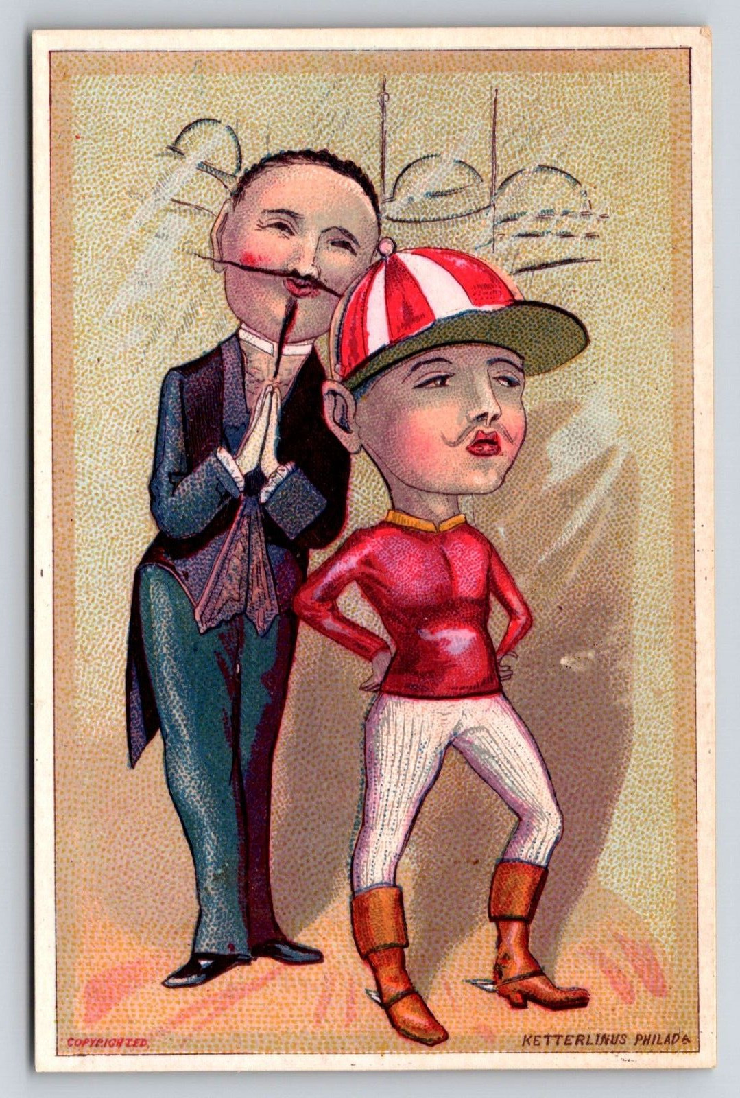 Jockey and Owner 1800's Victorian Trade Card Comic Antique Mustache