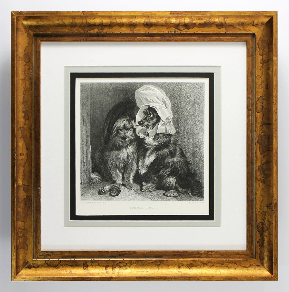 Adorable Edwin LANDSEER 1800s Engraving "Comical Pups" SIGNED Gallery Framed COA