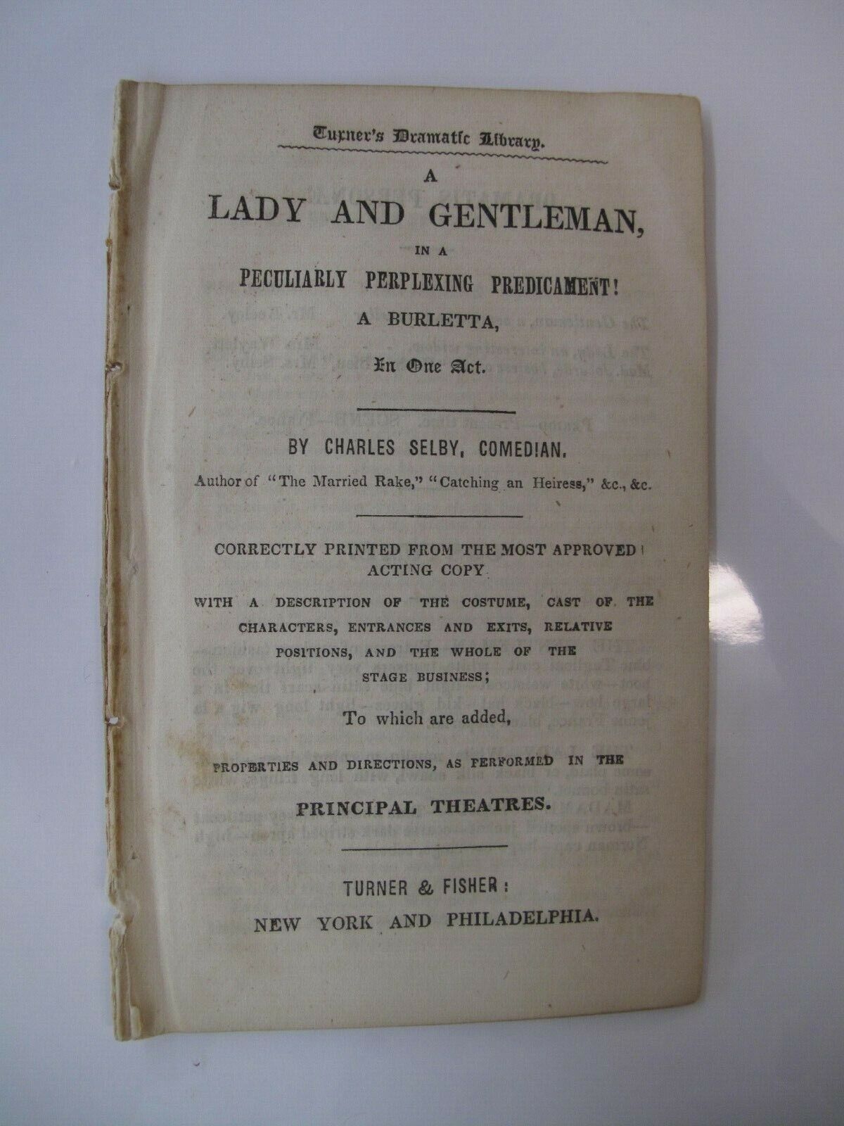 19th C Burletta Theatre Stage Lady & Gentleman by Selby Brief Comic Opera 1800s