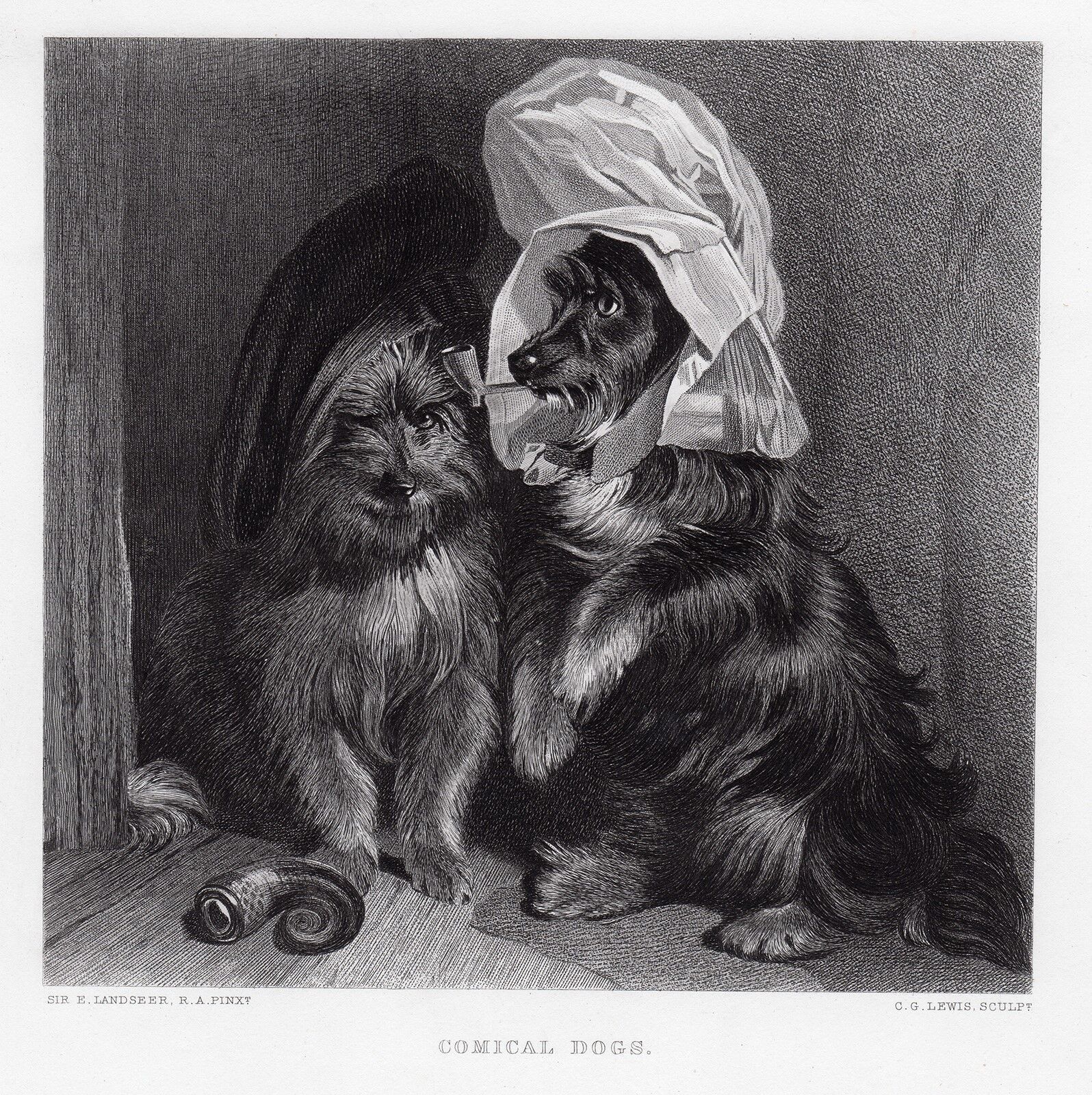 Adorable Edwin LANDSEER 1800s Engraving "Comical Pups" SIGNED Gallery Framed COA